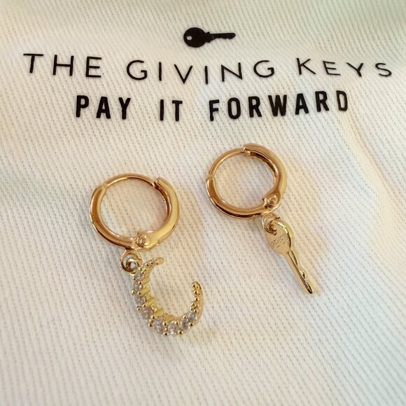 Half Moon & Engraved Key Earrings - Picture 2 of 13